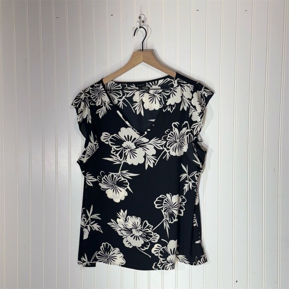 Talbots XL Black‎ White Floral Sheer Blouse Sleeveless Top Workwear Resort Vibes